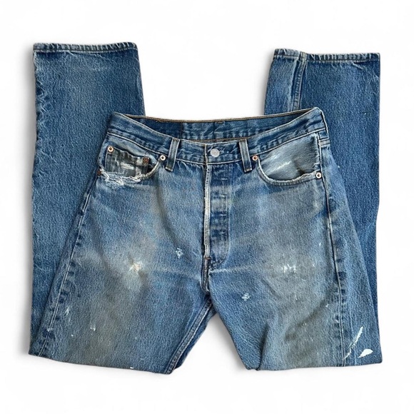💚 Vintage 90s Levi’s 501xx Blue Distressed Jeans (W31 L32) (32) - Picture 1 of 12